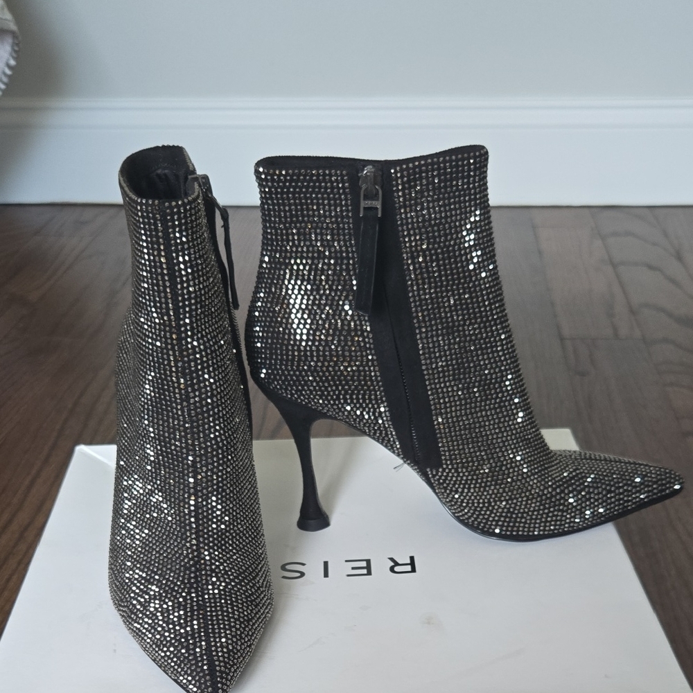 Reiss Black Crystal Embellished Pointed Stiletto Ankle Boots